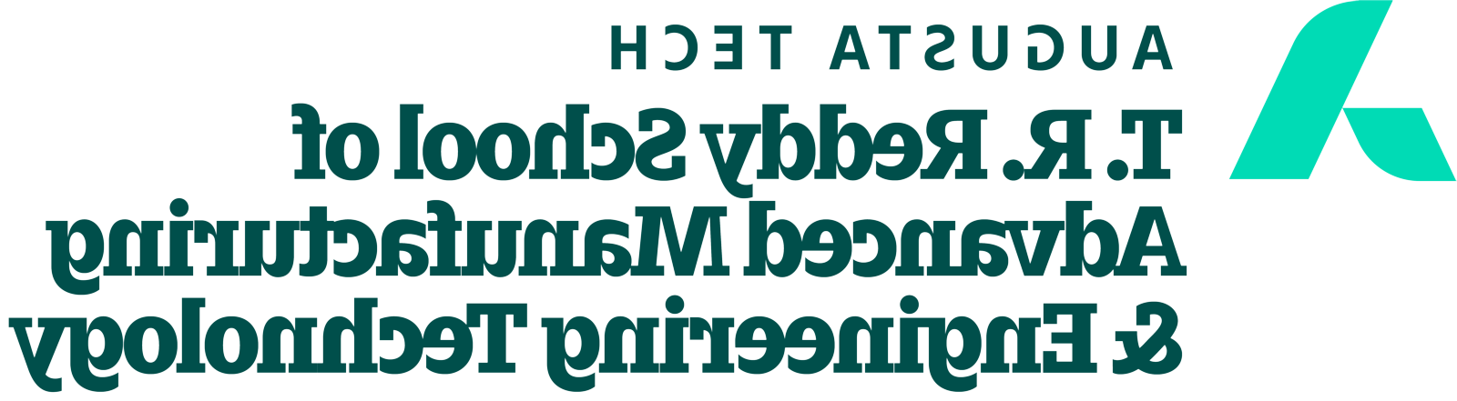 An uppercase abstract A in mint green composed of a smaller leg representing Augusta Technical College supporting the larger leg representing the Augusta Community and economy. The words Augusta Tech and T.R. Reddy School of Advanced Manufacturing & Enginering Technology are in heritage green font to the right of the a, stacked in three horizontal rows with T.R. Reddy Advanced Manufacturing & Engineering Technology in bold font.