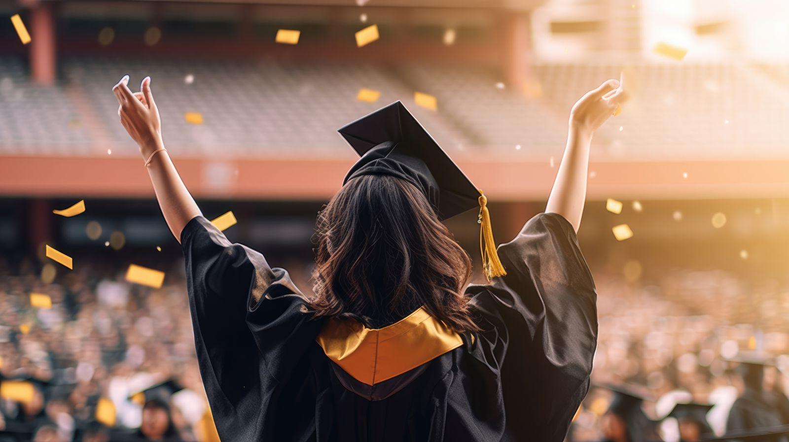 A high school diploma tied with a red ribbon lays diagonally across a black diploma holder with the words High School Diploma of Graduation in white stylized font above a gold seal with a graduation cap and the word graduate in all capitalized letters.